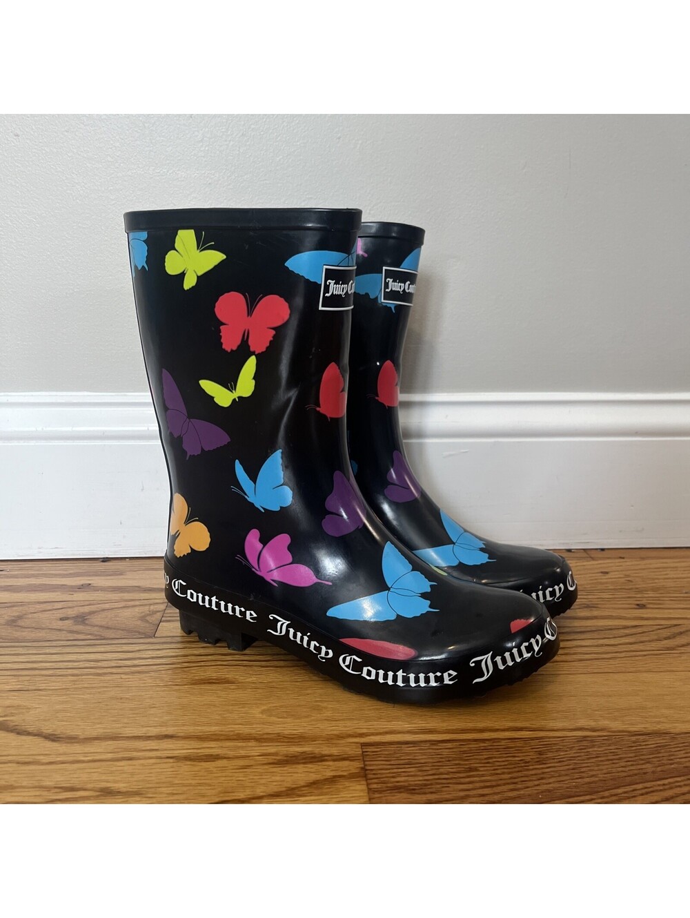 Juicy Couture Totally Women 7 Black Butterfly Print Waterproof Rain Boots TZP819